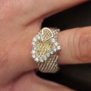 Beautiful 925 Silver Mesh Ring With Double Hearts